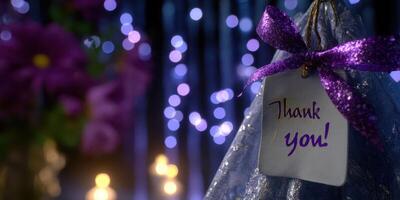 Decorative thank you note displayed at a festive event surrounded by purple lights and floral decorations photo