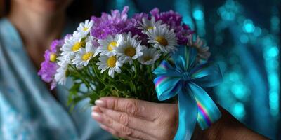 Colorful bouquet of daisies and purple flowers held by a person with a blue ribbon in a sparkling background photo
