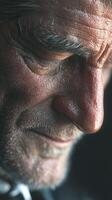 Elderly man with deep wrinkles reflecting emotions during quiet moment photo
