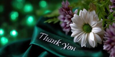 Decorative floral arrangement with thank you ribbon and green background photo
