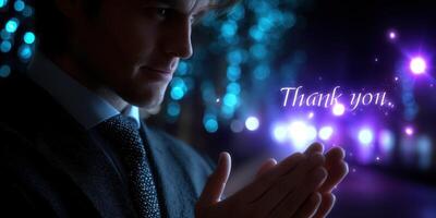 Man expressing gratitude with hands together in a beautifully lit setting at night photo