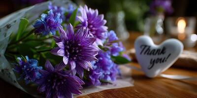 Purple flowers arranged beautifully with a thank you note on a wooden table in a cozy setting photo