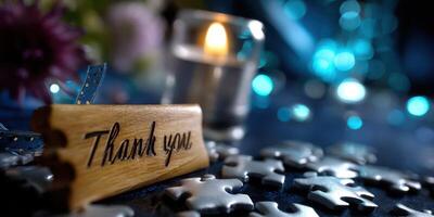 Decorative thank you card with candlelight and puzzle pieces arranged on table photo