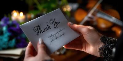Hand holding a thank you card in an intimate setting with candles and floral decor at night photo