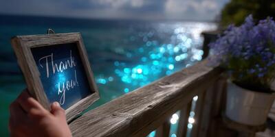 Thankful gesture by the ocean with sunlight sparkling on the water during a serene afternoon photo