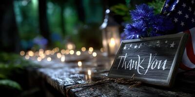 Wooden thank you sign surrounded by candles and flowers in a forest setting at night during a gathering photo