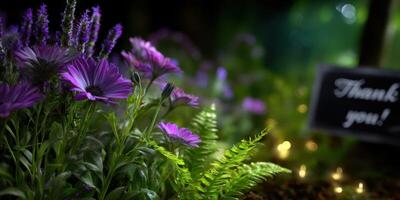 Beautiful purple flowers and greenery near a thank you note in a serene garden setting with soft lighting photo