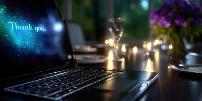 Elegant dinner setting with laptop displaying thank you message and candlelight ambience at night photo