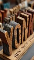 Wooden letters spelling YONK arranged artistically on a wooden base, showcasing craftsmanship and design elegance in a workshop setting photo