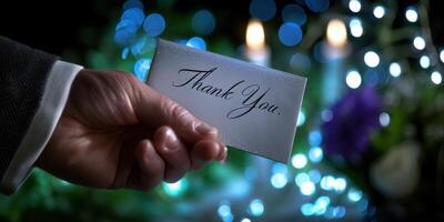 Elegant thank you card held in hand amidst soft bokeh lights and floral arrangements at a nighttime gathering photo