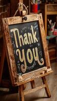 Thank you message written in chalk on a rustic easel in a cozy indoor setting during daylight photo