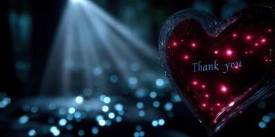 Heart with glowing lights and a thank you message in a dark atmosphere photo