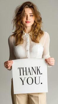 Woman holding a sign with a thank you message in a simple indoor setting on a bright and stylish day photo