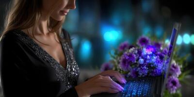 Woman working on laptop at night with glowing flowers in the background photo
