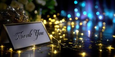 Elegant thank you card surrounded by sparkling lights and decorations on a festive table photo