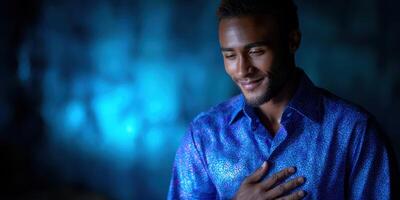 Man in blue patterned shirt smiles warmly in softly illuminated setting during evening gathering photo