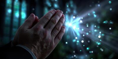 Hands in prayer illuminated by light reflecting spiritual connection and serenity at twilight hour photo