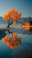 Stunning autumn tree reflects perfectly in calm lake at sunrise near mountains photo