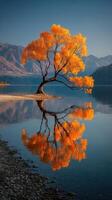 Beautiful autumn tree reflects on calm lake with majestic mountains in the background during golden hour photo