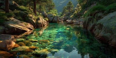 Crystal clear mountain stream flowing between vibrant rocks and lush trees in a serene landscape setting during daylight photo