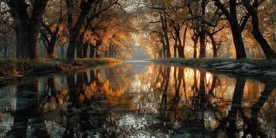 Autumn leaves reflect in tranquil river at sunrise in a serene forest landscape photo