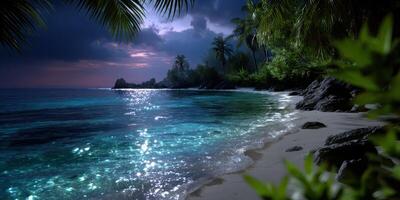 Tranquil night by the ocean under a starry sky amidst tropical palm trees photo