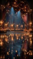 Elegant theater interior with ornate decorations and soft lighting at night photo