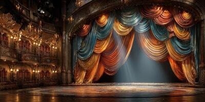 Stage set with colorful curtains and intricate design in an elegant theater photo