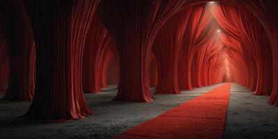 Red drapery transforms an expansive hall into a surreal corridor for an immersive experience and artistic expression photo