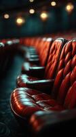 Velvety red theater seats illuminated by warm lights create an inviting atmosphere for upcoming performances at a historic venue photo