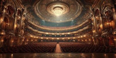 Majestic interior of an ornate theater with crystal chandelier and velvet seats captured during a performance photo