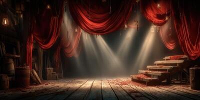 Mysterious stage setup with red drapery and soft lighting creates an enchanting atmosphere for a performance photo