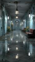 Worn corridor with blue walls and reflective floor illuminated by lanterns in an abandoned building photo