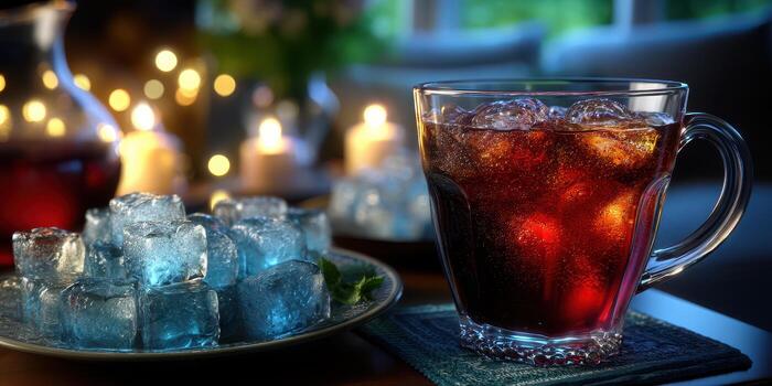 Refreshing drink in a glass with ice cubes on a table surrounded by candles in a cozy indoor setting during evening hours photo