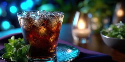 Refreshing drink with ice and mint leaves served in relaxing evening ambiance photo
