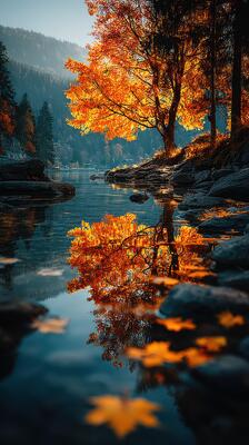 Autumn landscape with vibrant orange trees reflecting on calm water in serene setting