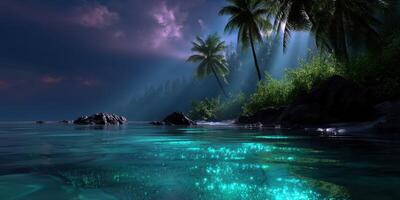 Serene night by the tropical coast with luminous waters and silhouetted palms photo