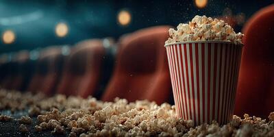 Delicious popcorn spilling in an empty movie theater during a late night screening photo