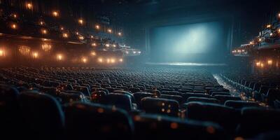 Audience seats in an empty theater illuminated by chandeliers before the show begins at night photo