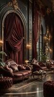 Elegant interior of a luxurious room with rich fabrics and ornate decor during the evening hours photo