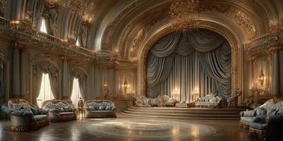 Luxurious ornate interior with elegant furnishings and golden accents in a grand hall during daylight photo