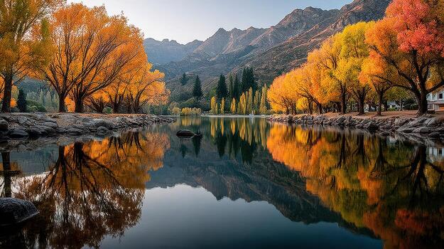 Colorful autumn trees reflecting in serene lake with mountains in background during golden hour photo