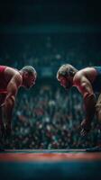 Intense wrestling match between two athletes in a packed arena during a championship event photo