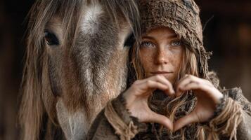 Girl creates heart shape with hands while standing next to a horse in a rustic setting on a calm afternoon photo