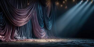 Dramatic stage setting with flowing curtains and soft lighting creates an elegant atmosphere for a performance photo