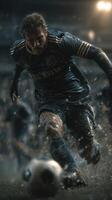 Soccer player in motion during a rainy evening match on a dimly lit stadium pitch photo