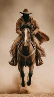 Cowboy riding a horse in a dusty landscape during sunset, capturing the essence of western culture and adventure photo