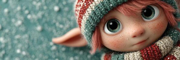 Cute character with large eyes and winter hat smiles warmly amid falling snowflakes in a colorful outdoor setting photo