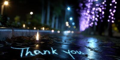 Display of gratitude amidst a lit pathway adorned with purple lights at night in a park photo