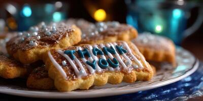 Decorative cookies with thank you message displayed on a plate during an evening gathering photo